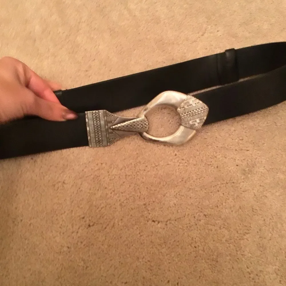 Chico’s Aztec Black Leather Belt with Silver Buckle